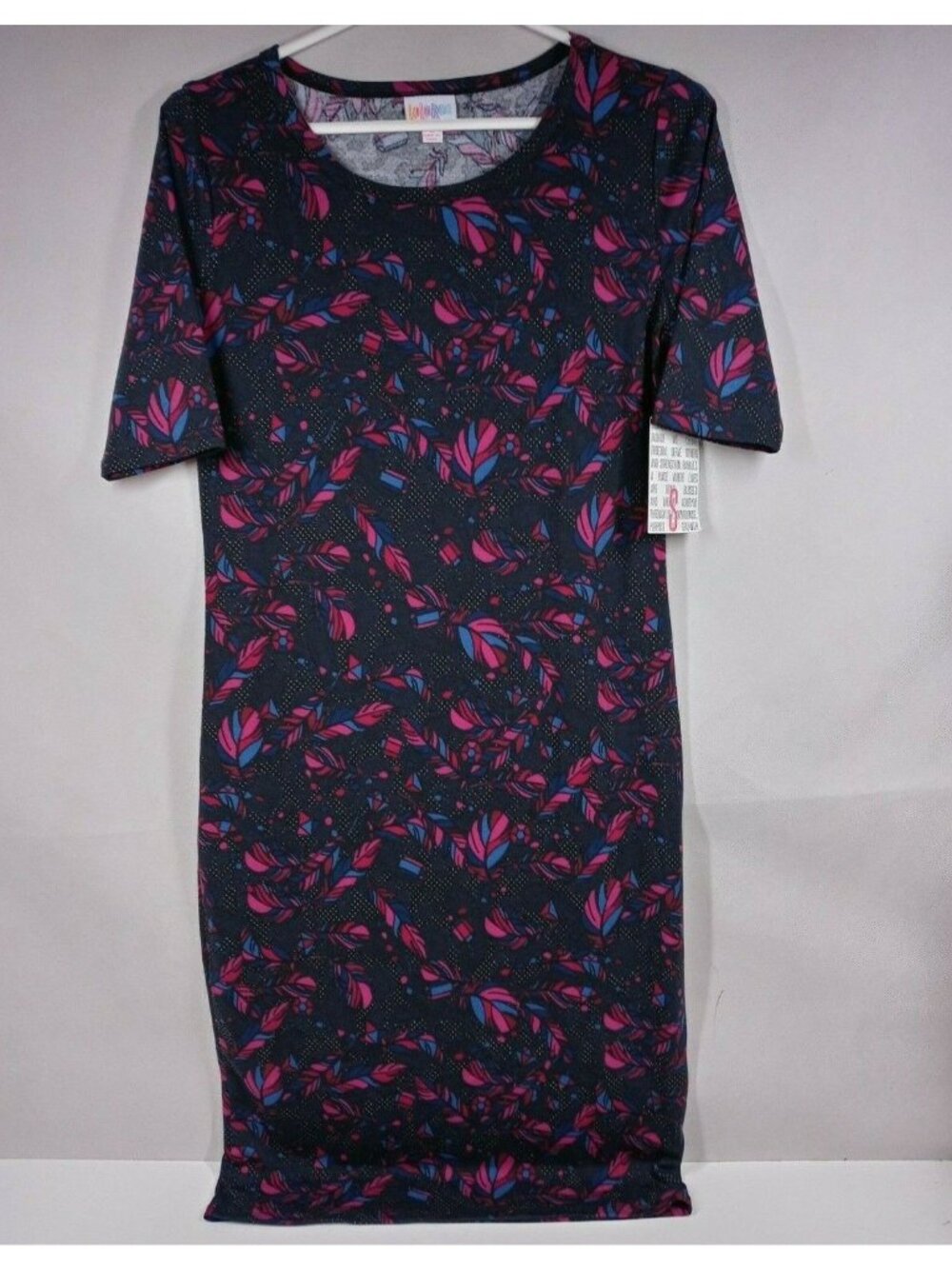 NWT LuLaRoe Julia Pencil Dress Black With Colorful Feathers Design Size Small